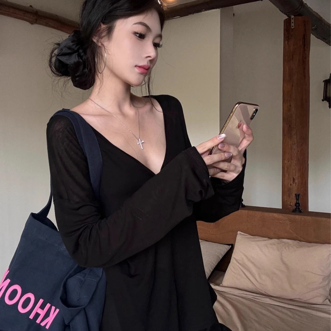 蛋蛋专属 休闲慵懒宽松爵士防嗮衫美式长袖大V领上衣松弛薄款T恤