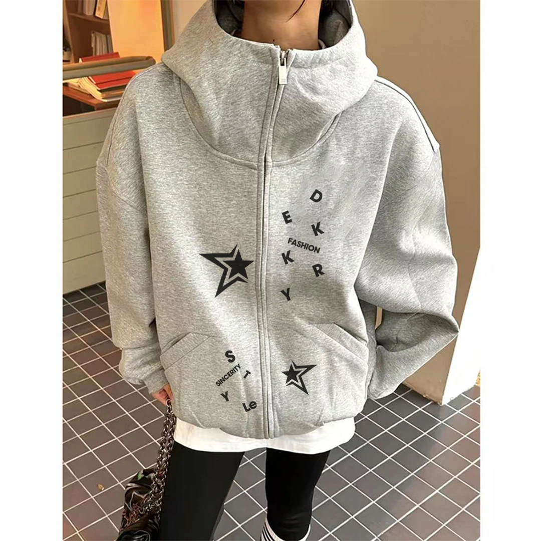 美式个性星星字母印花长领开衫外套男秋冬季百搭宽松卫衣情侣上衣