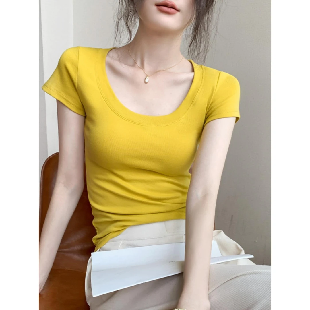 修身短袖t恤女2025夏季新款正肩收腰显瘦半袖上衣正肩短袖女t恤