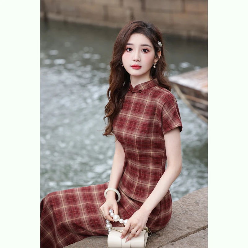 439格子新中式夏季改良旗袍2025年新款修身年轻款少女收腰显瘦