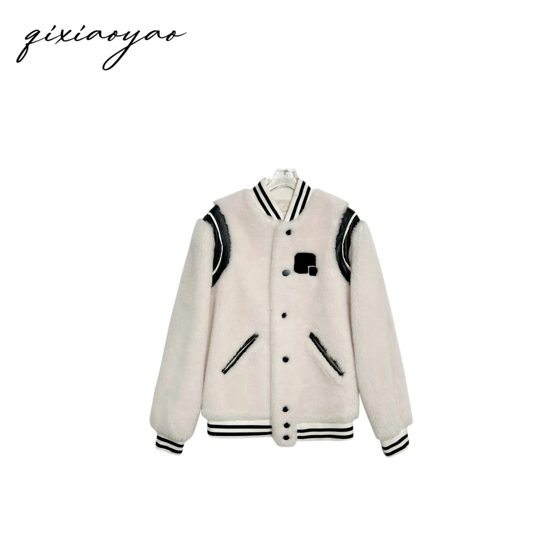 春游出行新款白色棒球服羊毛颗粒外套#BHXHR88627
