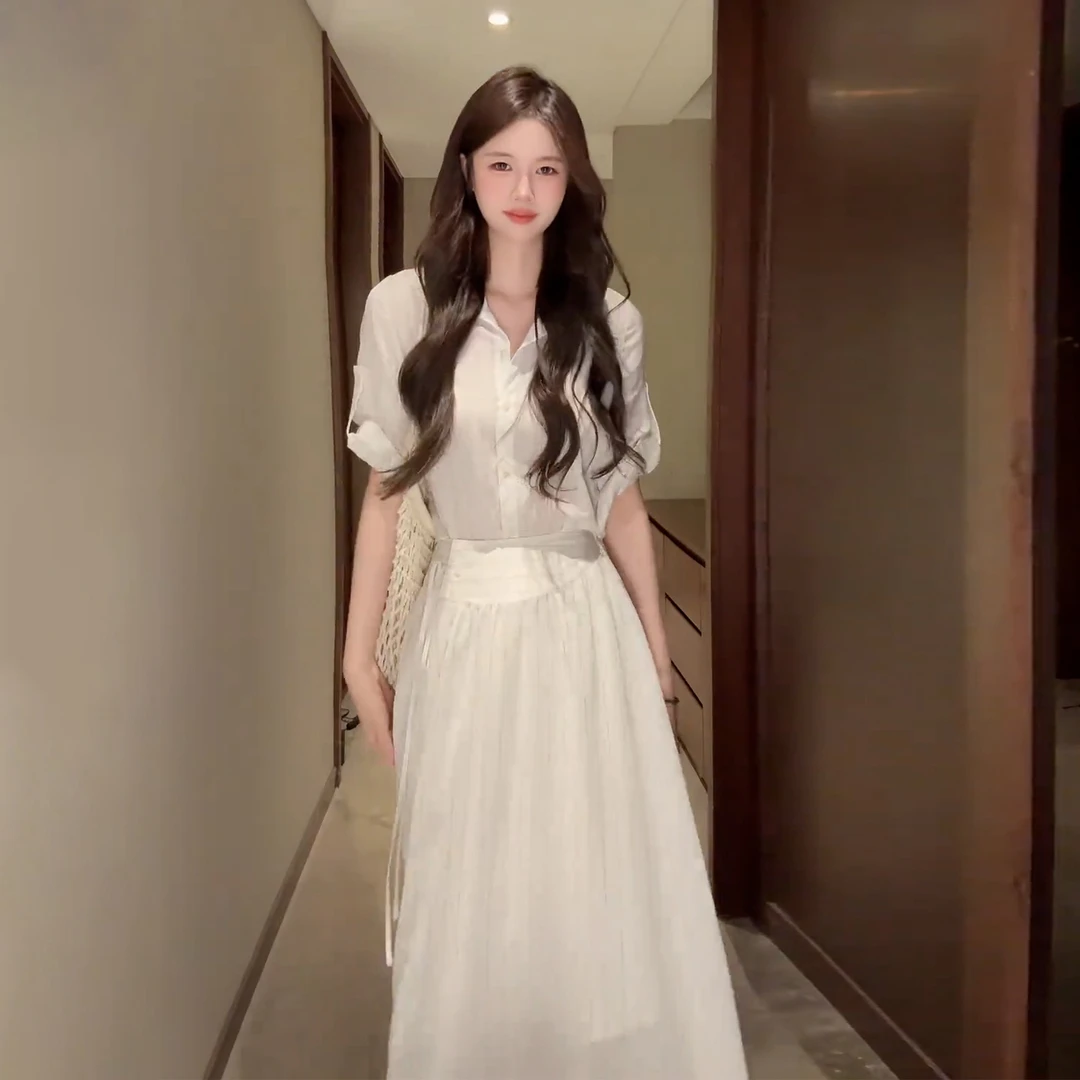 法式温柔学院风白色衬衫连衣裙子女2025新款爆款夏季穿搭套装长裙