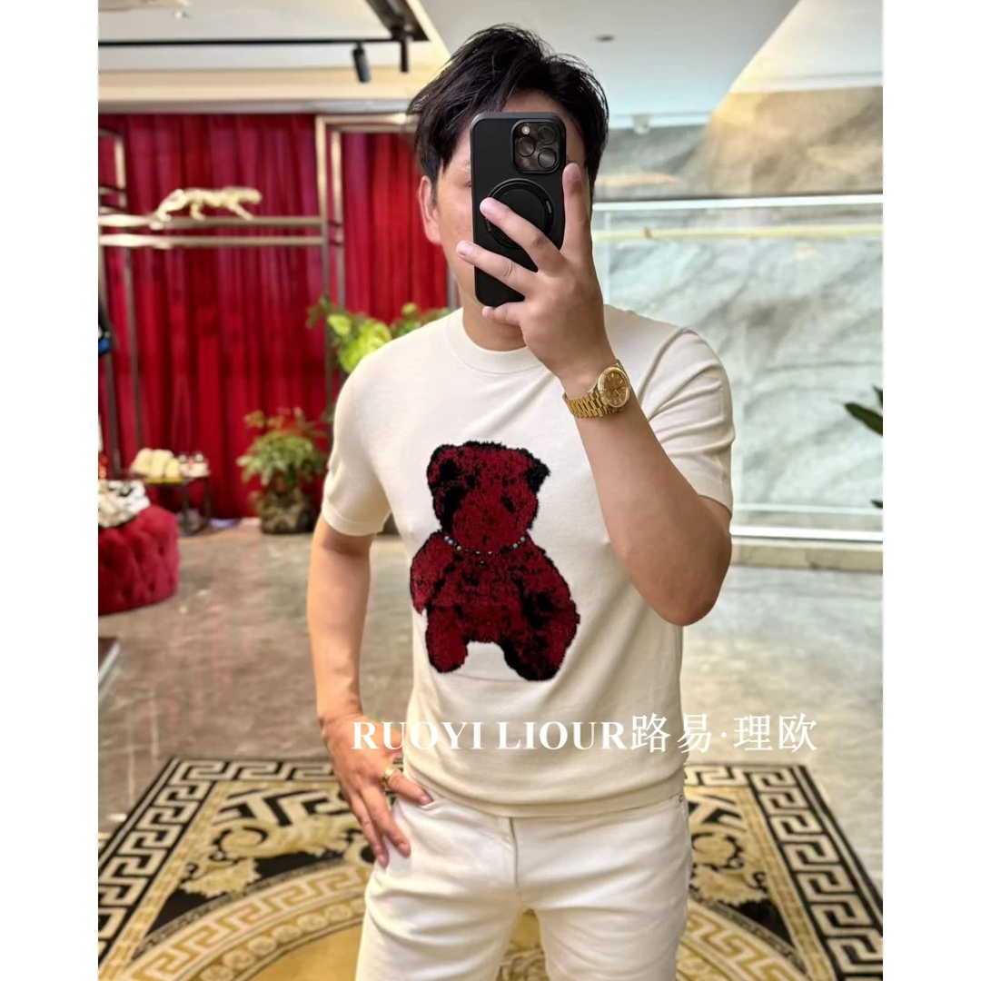 【路易理欧】欧货时尚百搭潮流透气轻奢刺绣小熊针织短袖0391