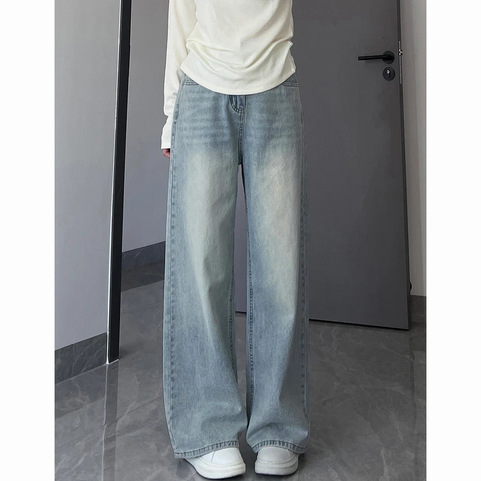 美式复古浅色阔腿牛仔裤女夏季新款高腰宽松显瘦垂感百搭直筒裤子