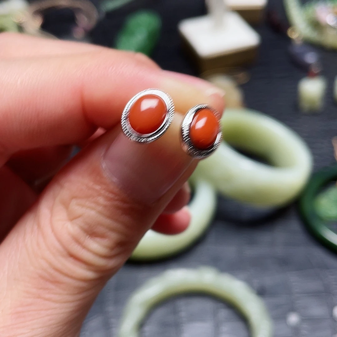 南红玛瑙银S925镶嵌耳饰