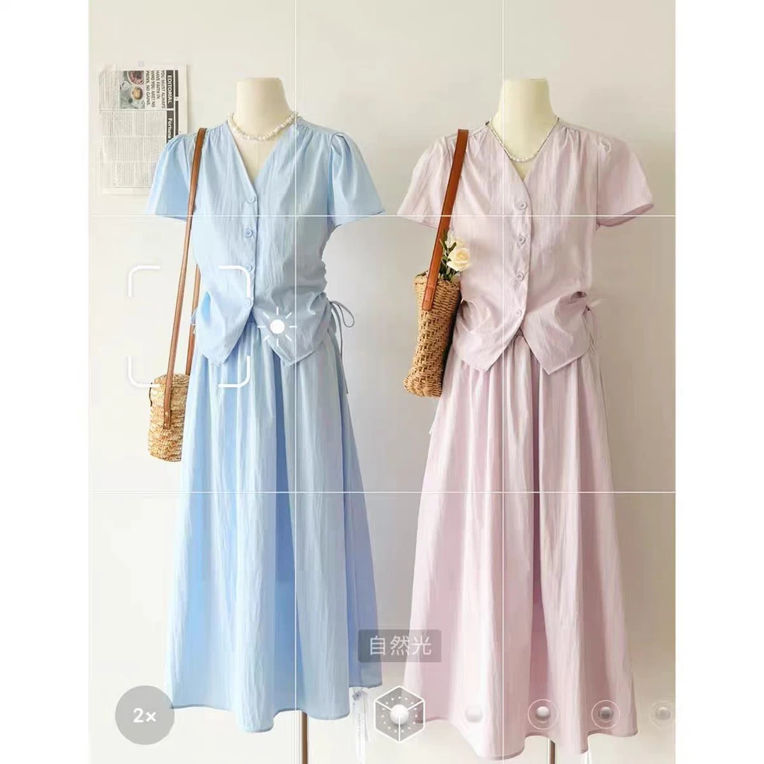 （80-200斤）新款韩系甜美V领抽褶显瘦百搭上衣+高腰半身裙套装1852