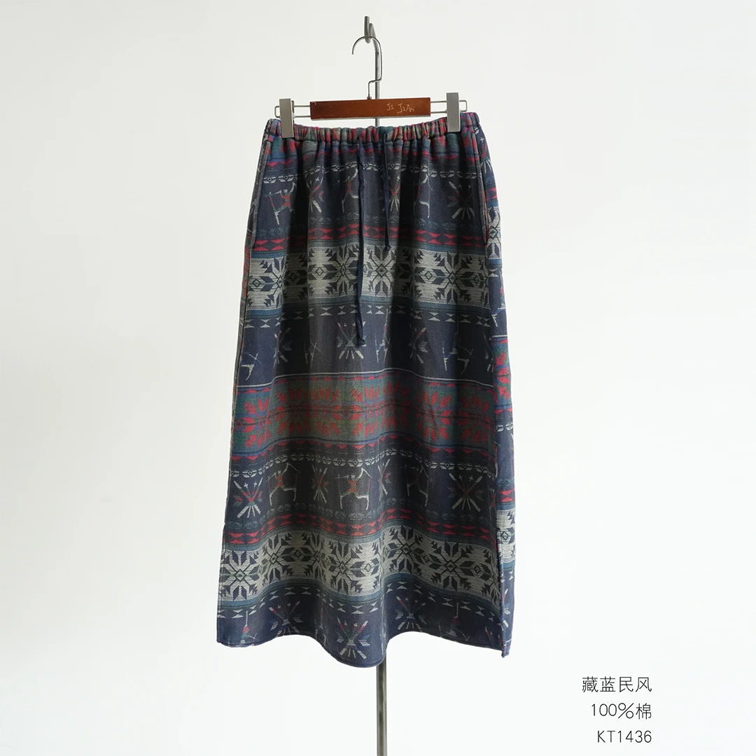 布衣分享 KT1436 几见原创设计四季复古印花百搭亚麻半身裙长裙