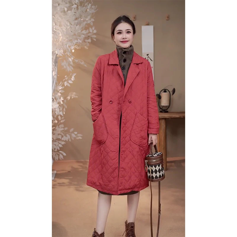 5626   简约风菱形格纹薄外套24秋冬休闲气质宽松中长款翻领棉服