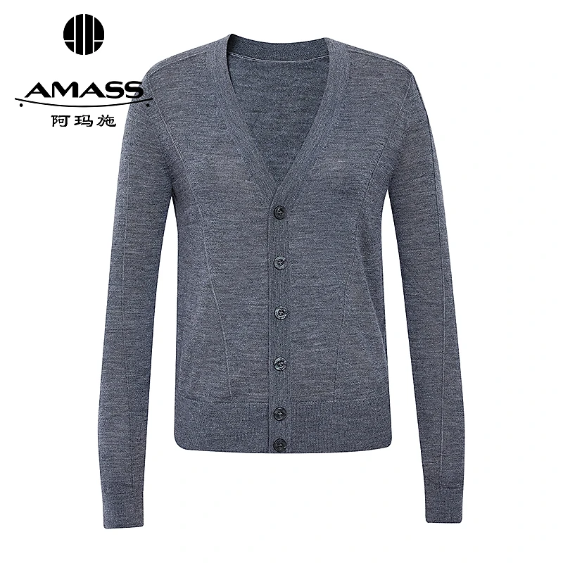 AMASS/阿玛施女装新款质感百搭舒适竖线设计V领针织开衫548039