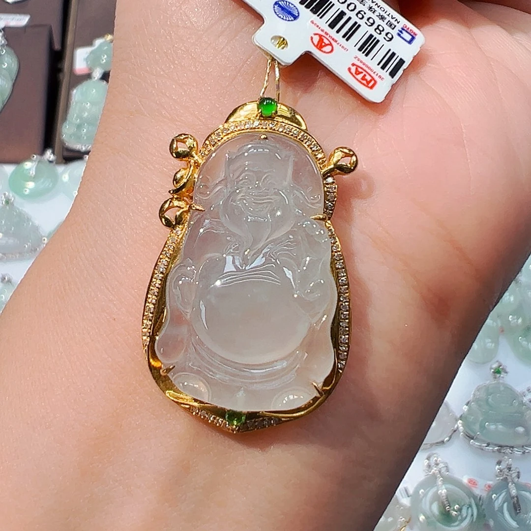 翡翠18K金镶嵌吊坠(不含链)财神爷