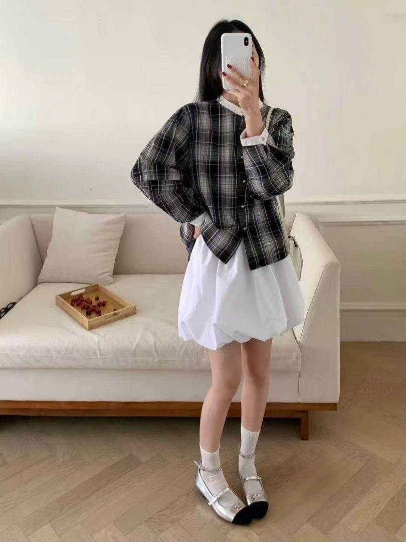 文艺休闲单排多扣秋季长袖常规款衬衫格纹格子衬衫春秋韩版