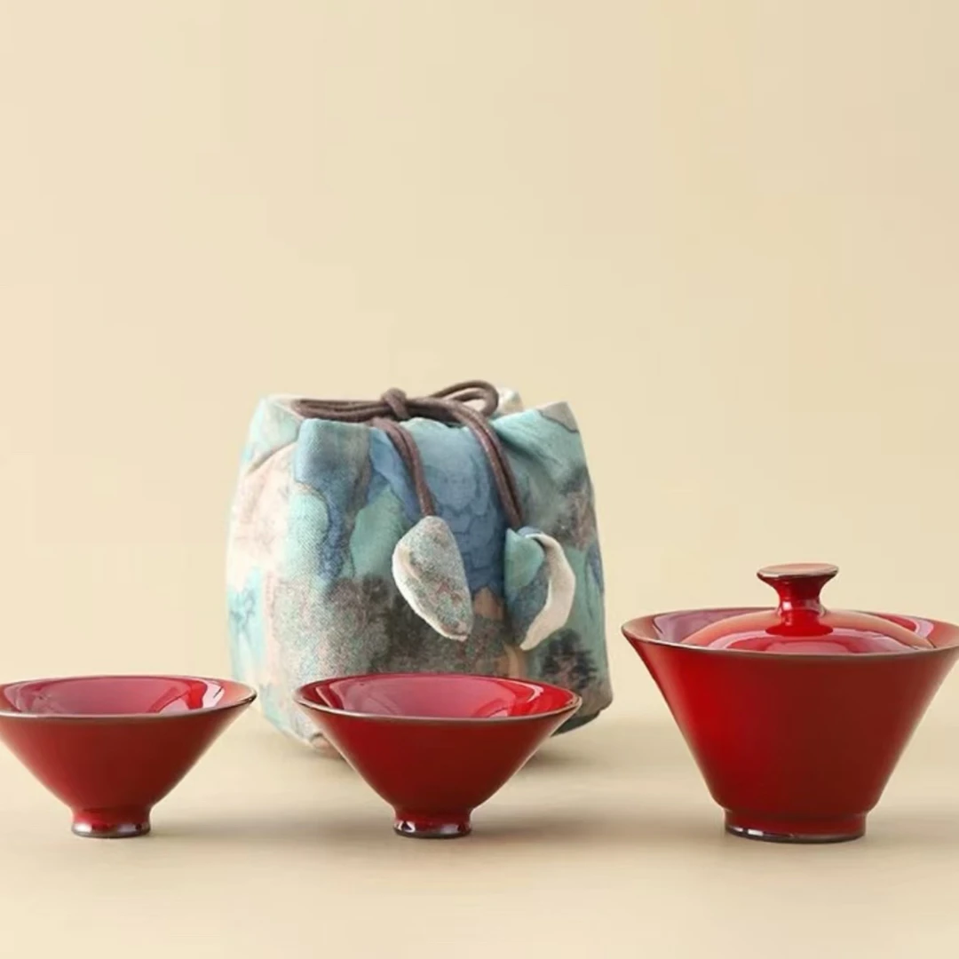 庄垂仁大师郎红斗笠盖碗两杯户外旅行茶具套组带包A13399