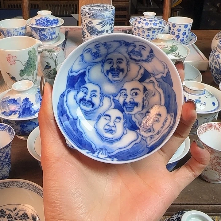 名窑口 非遗画师霁蓝人物普洱杯