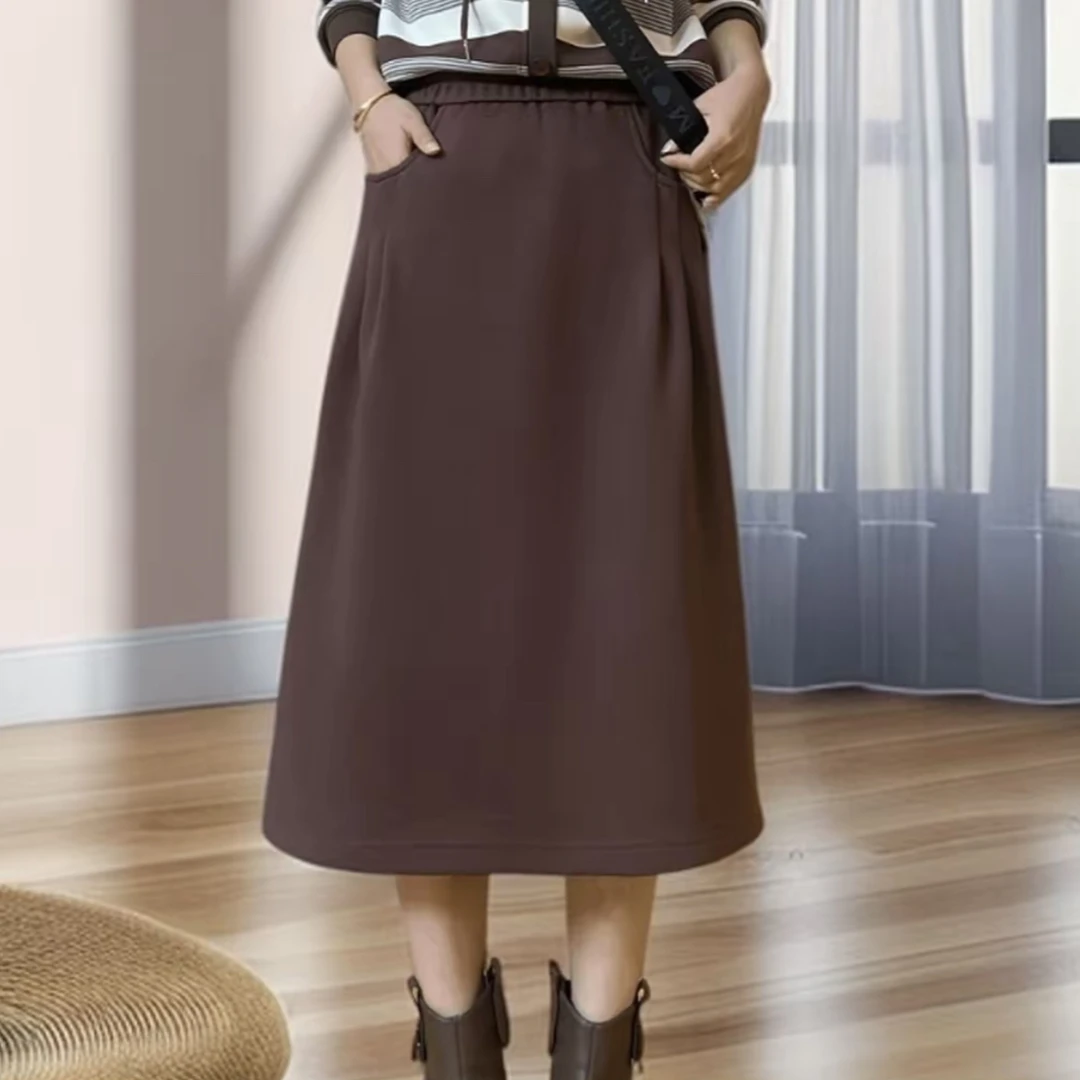 春秋季高腰显瘦过膝A字半身裙女时尚百搭休闲长裙