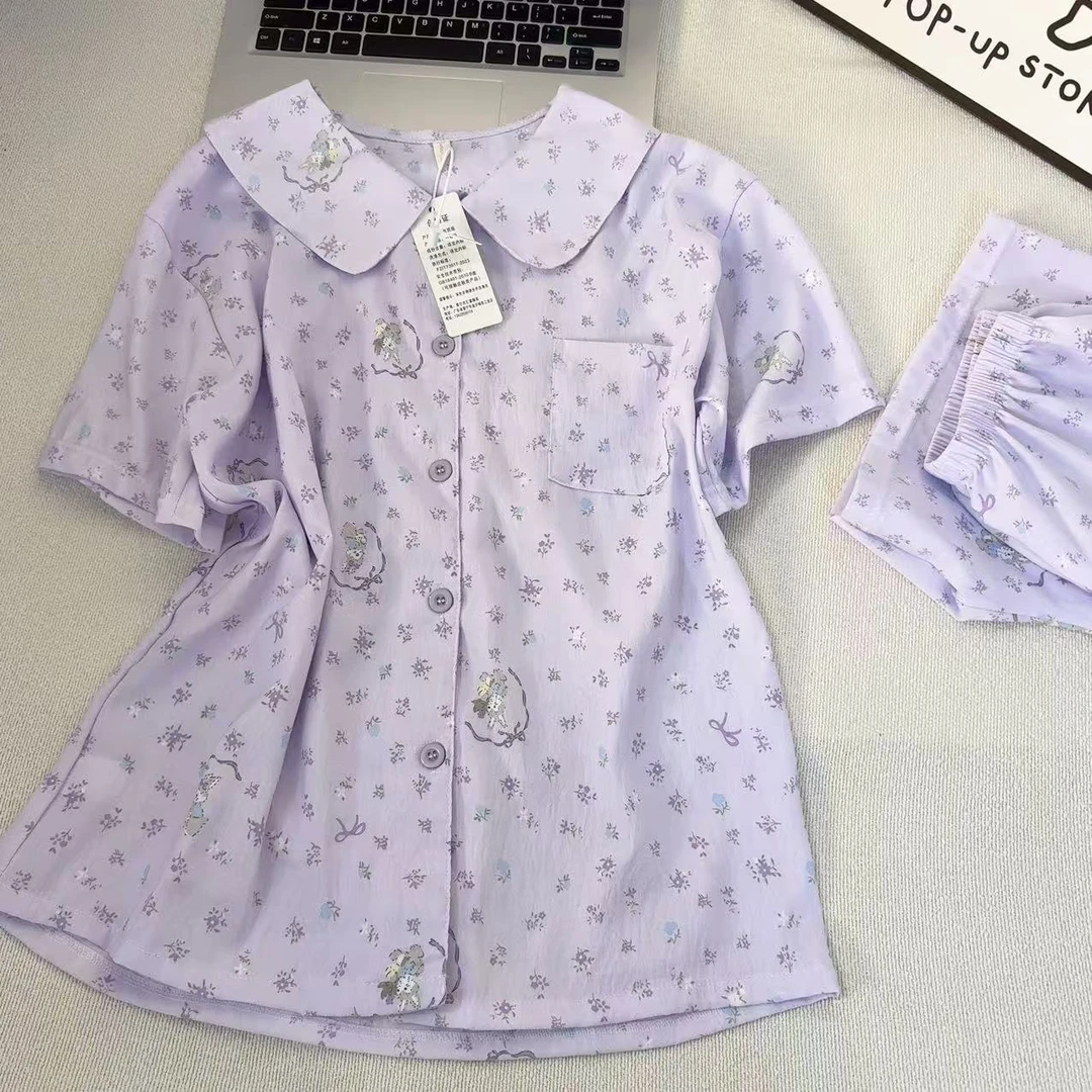 夏季香芋紫睡衣女可爱星黛露2025新款卡通短袖短裤碎花薄款家居服