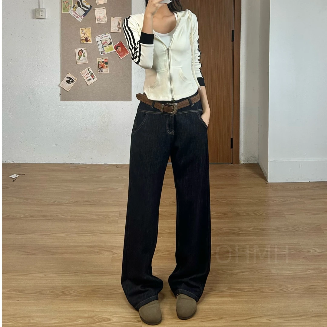 2025新款女款裤子秋季中高腰直筒丹宁蓝百搭显瘦简约深蓝色牛仔裤