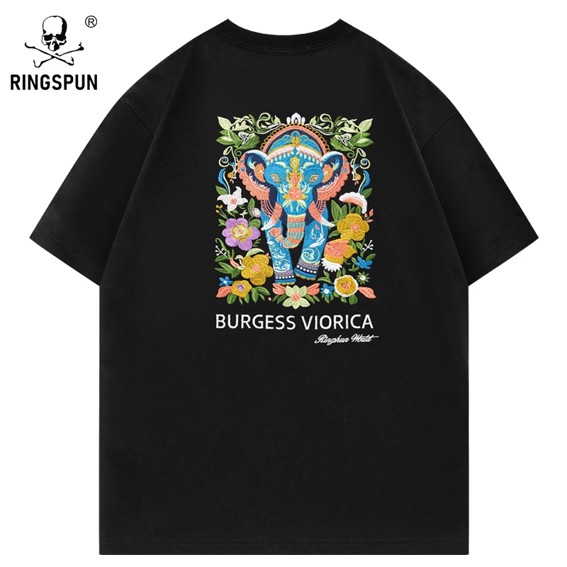 【百花大象】新款纯棉短袖t恤男潮牌男装重工刺绣半袖体恤休闲T恤衫