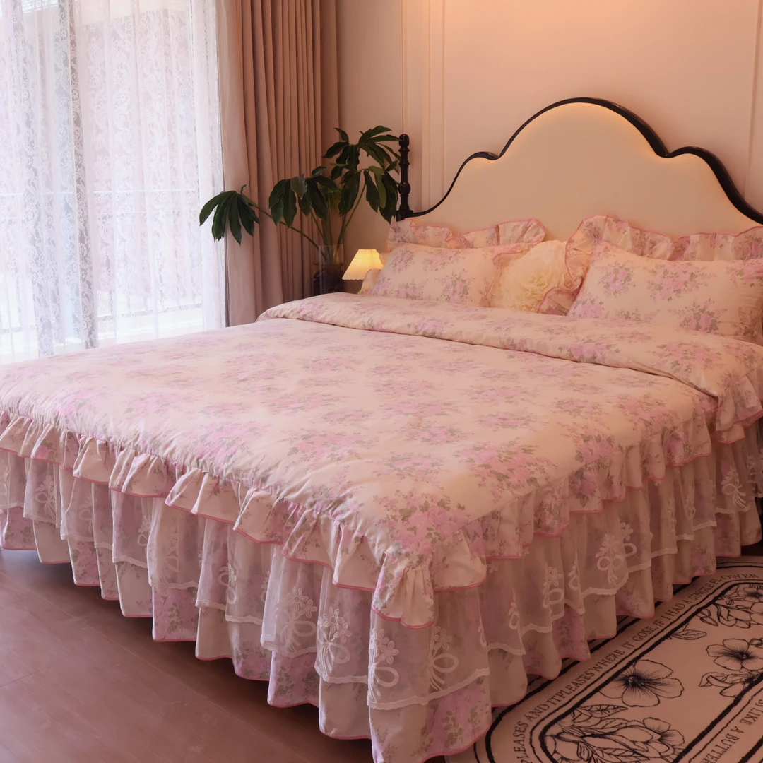 【真珍】浪漫花漾全棉纯棉韩版公主风罩床防滑床裙床上四件套被套