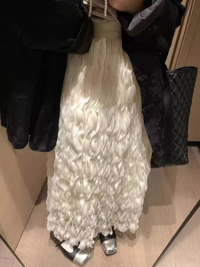 【Halo】法式小香风气质白色半身裙女拖地长款蛋糕裙裙子长纱裙