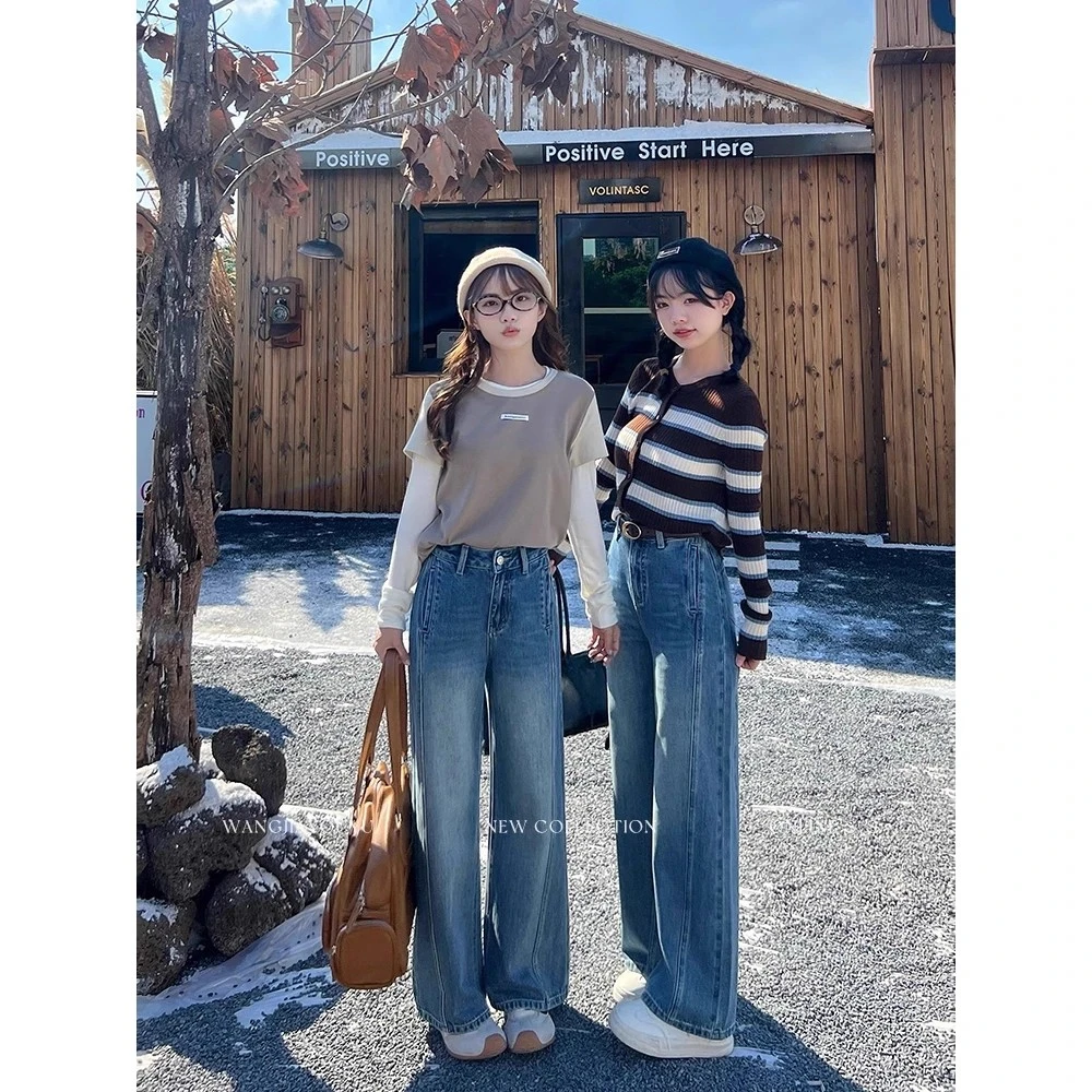 【小个子定制】秋季新款直筒阔腿裤女2025年爆款休闲牛仔裤