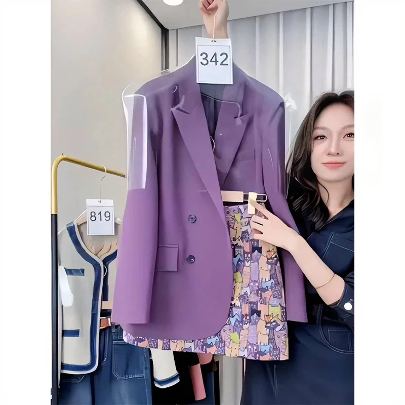 2025新款时尚时髦洋气高级感紫色西装外套印花短裙两件套装女秋季