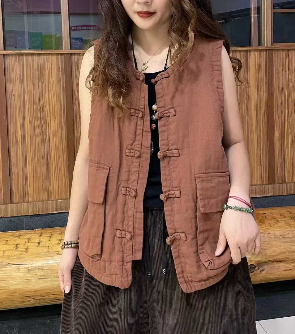 冬季夹棉复古中式盘扣马甲做旧圆领宽松厚款女马夹时尚复古中国风