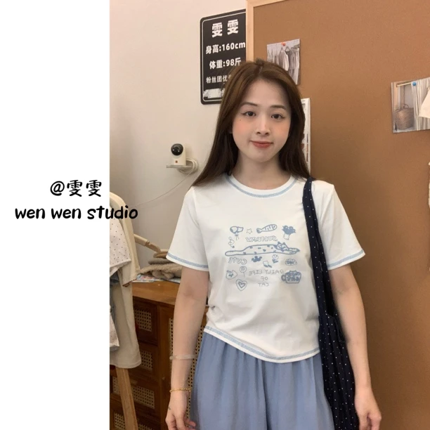 【雯雯】夏季重工压线小众百搭卡通T恤