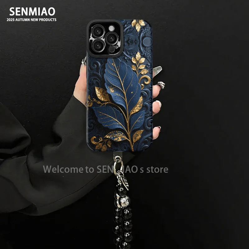 适用【苹果/oppo/华为/vivo/小米】金丝花纹叶子羊皮防摔手机壳女款
