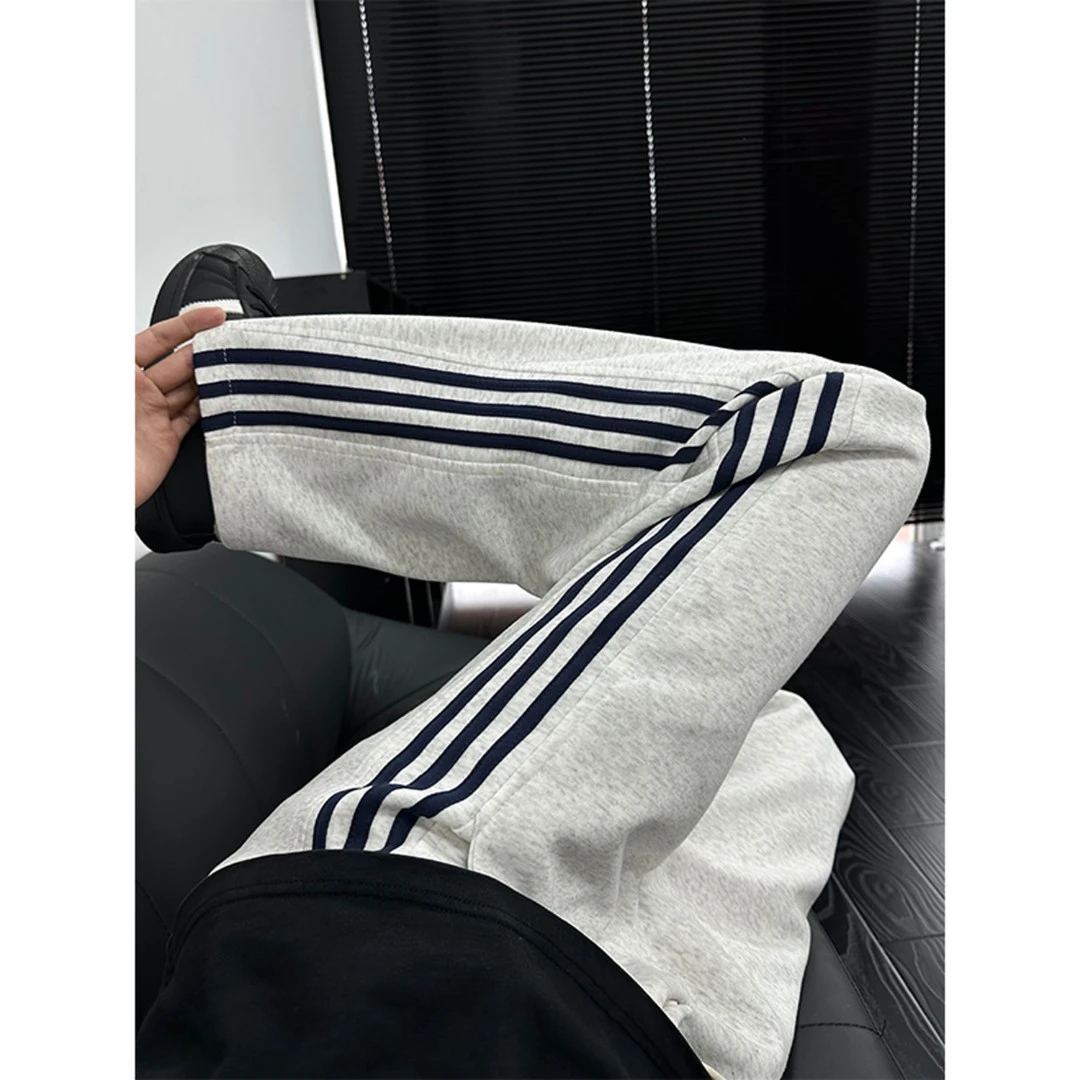 美式运动三条杠裤子男夏季宽松直筒垂感卫裤高腰重磅条纹休闲长裤