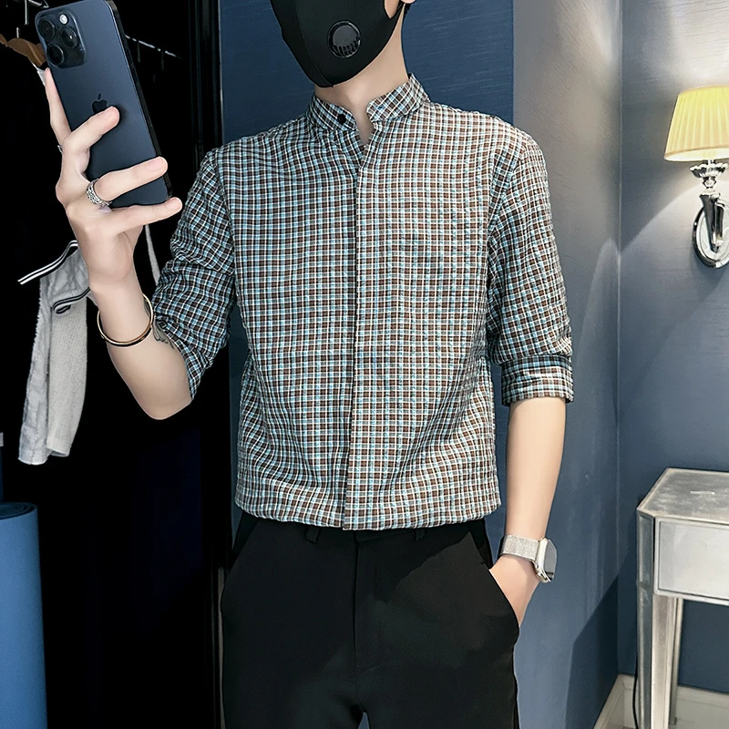 格子衬衫男士短袖夏季2025新款英伦雅痞风格男装衣服休闲立领衬衣