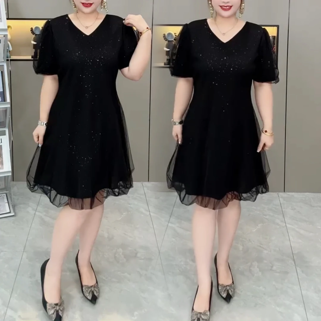 【小黑裙】大码两面穿亮片网纱拼V领连衣裙级感气质修身方领短袖