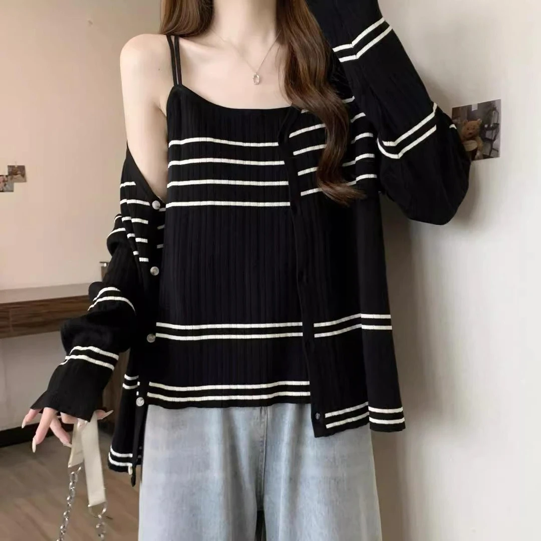 2025春秋季新款女士胖mm穿搭针织开衫吊带背心显瘦遮肉两件套装潮