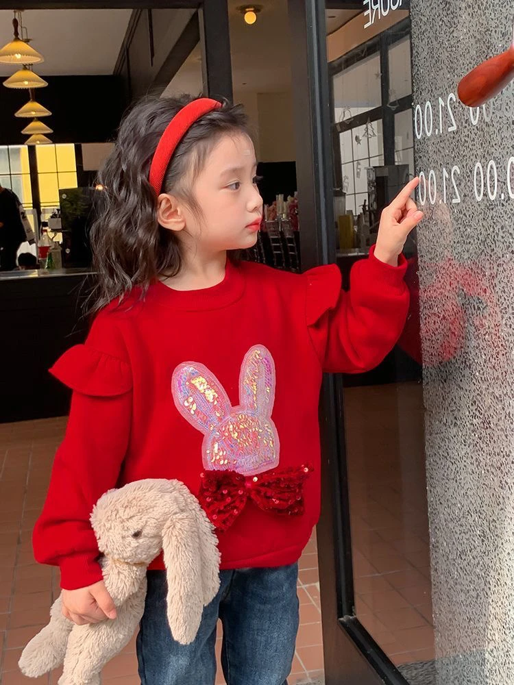 甜桃家白色兔耳红色蝴蝶结加绒卫衣T2