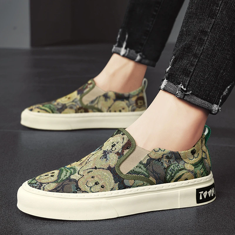 春季新款一脚蹬帆布鞋时尚套脚驾车懒人鞋个性彩绘潮流厚底鞋