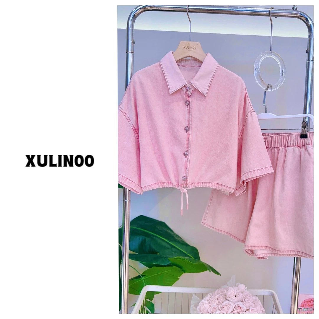 春夏时尚休闲飞飞袖牛仔短袖衬衫短裤套装 5073