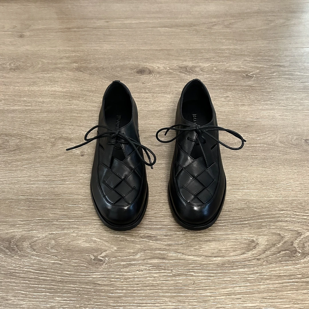 Dannyfrey新款时尚头层牛皮编织系带平跟轻量乐福鞋女百搭小皮鞋