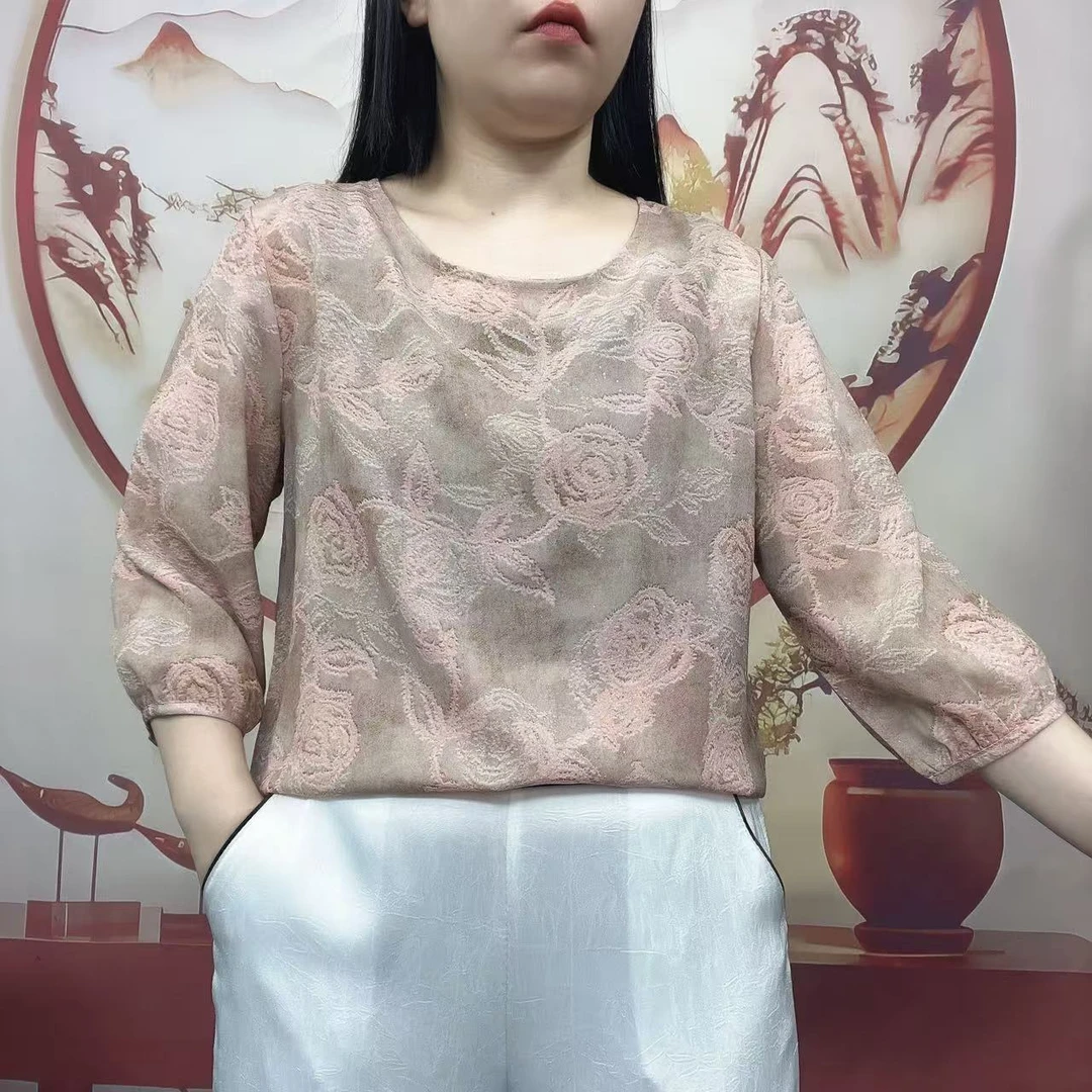 DM223薄款标准圆领法式中老年女装七分袖夏季复古风气质妈妈装