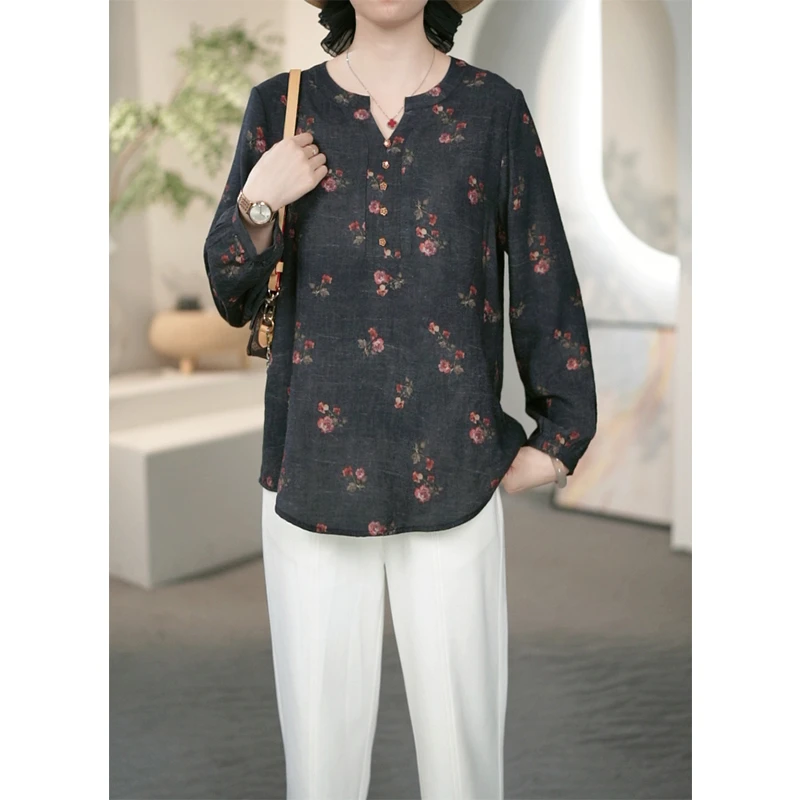 阿吉多长袖碎花衬衫女秋季新款中老年妈妈洋气衬衣大码上衣A32538