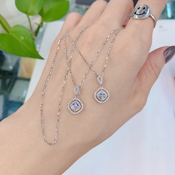 坠链均925银 新款四方克拉锆石18寸锁骨项链