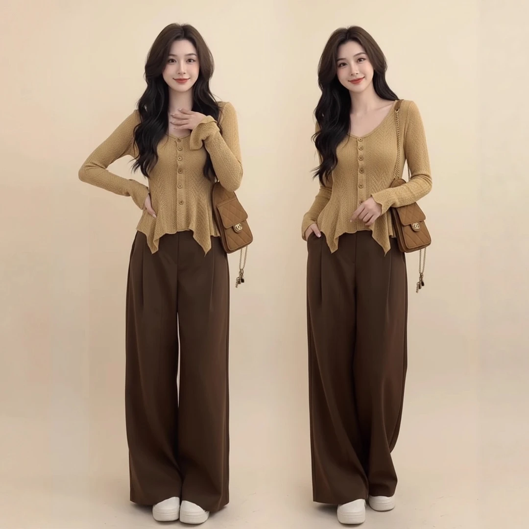 巨好看的秋冬韩系OOTD一整套深冬穿搭配针织衫咖色裤子两件套装女