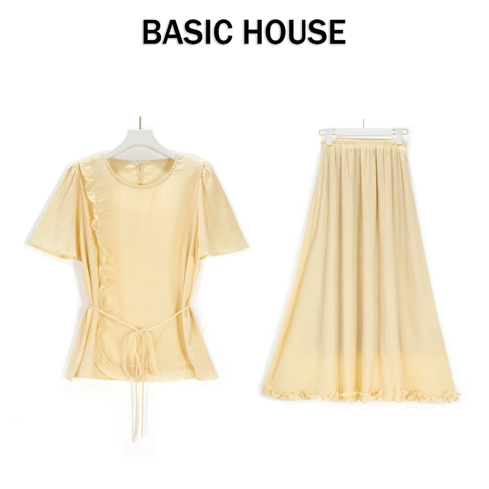 Basic House/百家好CSM优雅森系短袖上衣甜美木耳边半身裙套装夏