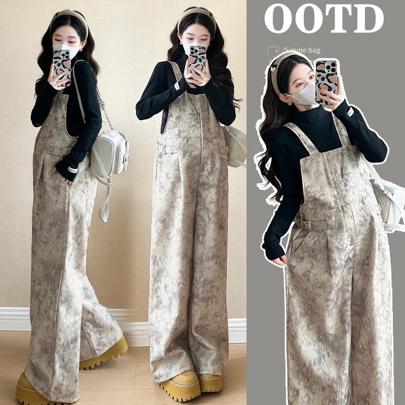 2025孕妇装春季新款时尚韩版洋气减龄文艺复古范水墨印花背带长裤