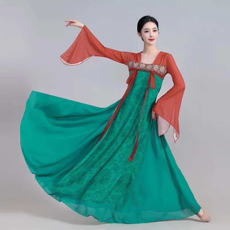 古典汉唐风女款飘带印花长款纱衣大摆裙舞蹈演出服