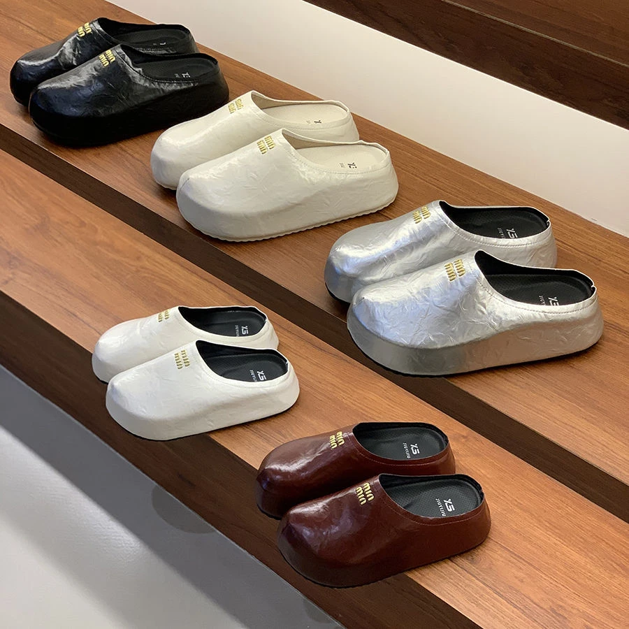 韩版厚底银色包头半拖鞋女2025年春季新款百搭时尚穆勒单鞋女