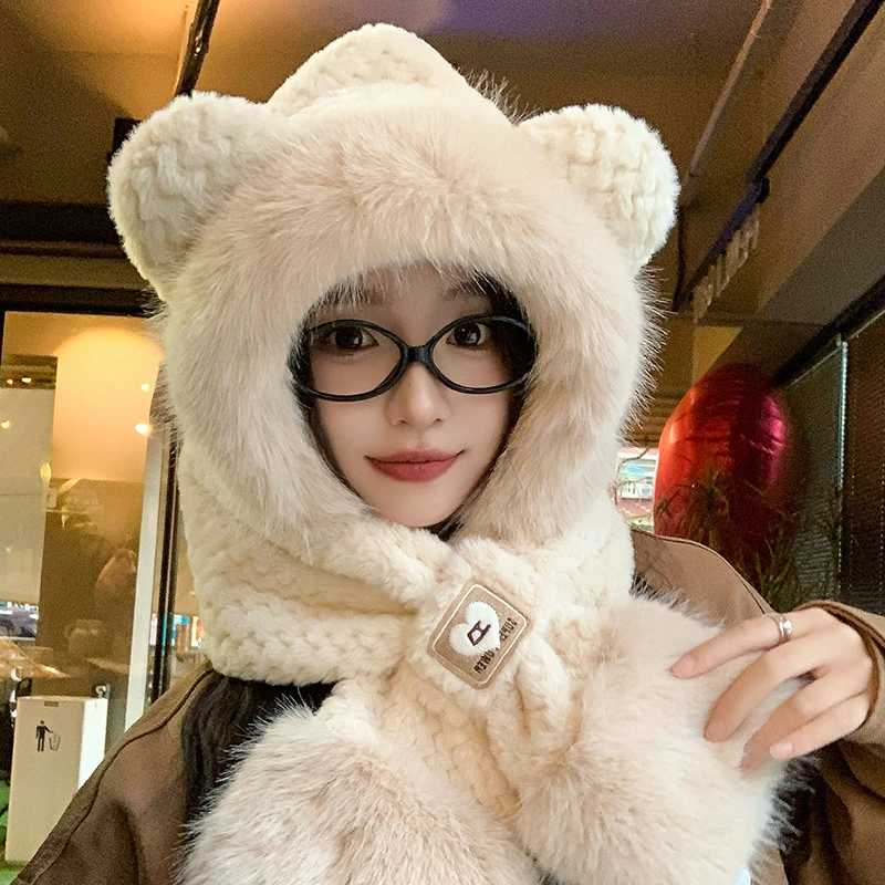 2024新款加绒小熊帽子围巾一体女秋冬季骑车护耳保暖连帽毛绒围脖