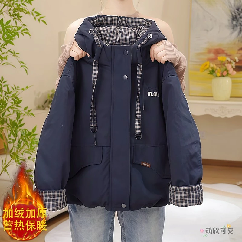 【新疆包邮】女童加绒棉服秋冬2025新款加厚保暖格子拼接派克服连