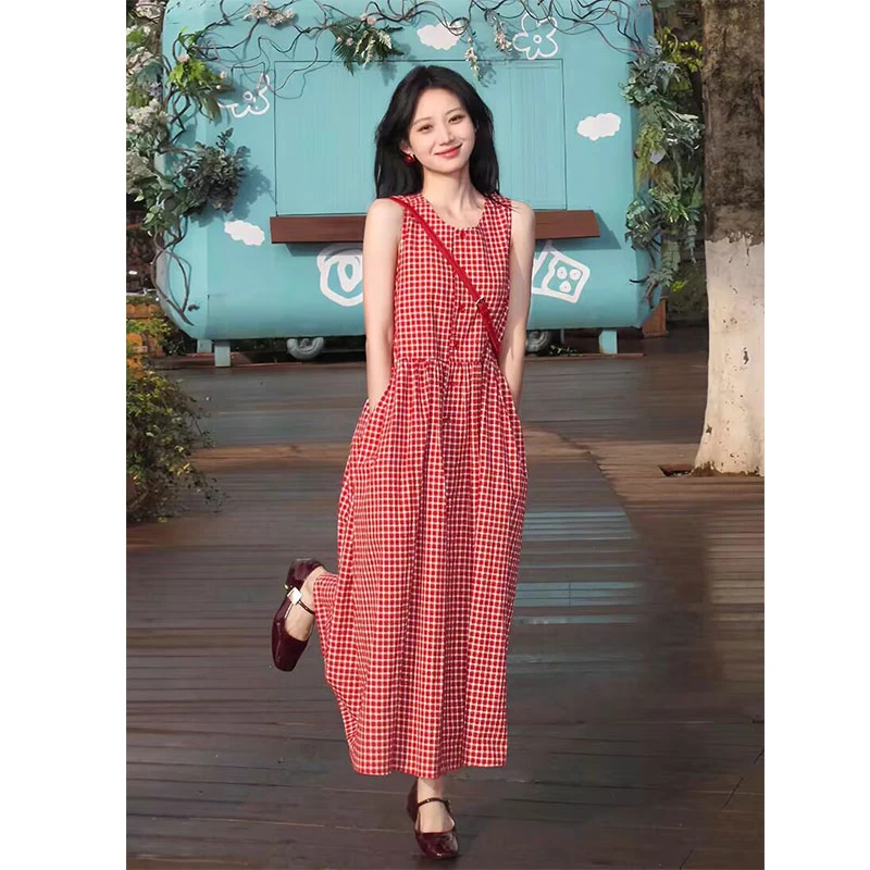 韩系红色格子开叉无袖连衣裙女显瘦背心裙单排扣夏季独特气质长裙