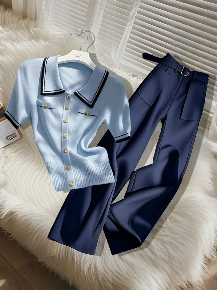 2025年夏季今年最流行新款女装独特漂亮洋气针织衫慵懒阔腿直筒裤