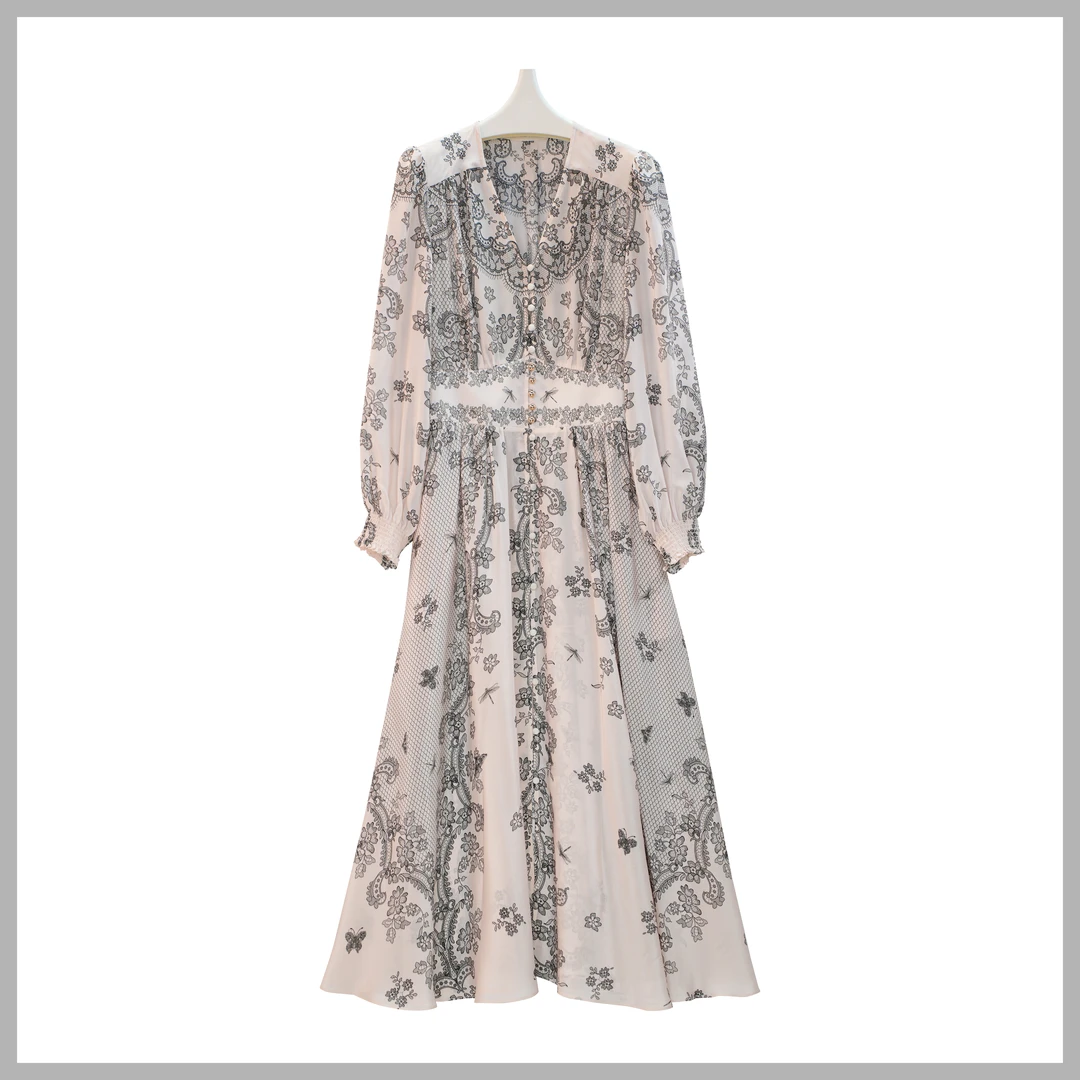 【定位花长裙】V领一片式定位花单层重磅桑蚕丝连衣裙