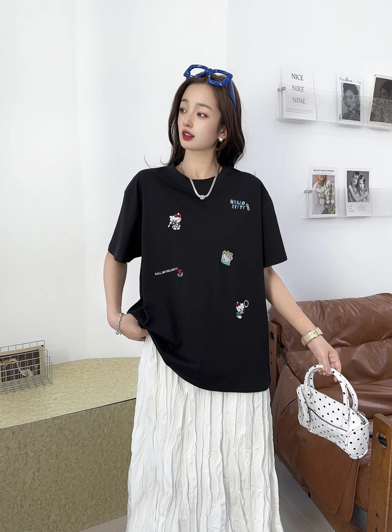 （B015-B048)2025春夏刺绣宽松新款简约百搭减龄上衣短袖T恤女合集
